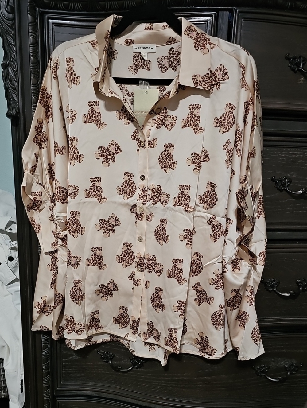 eesome Beige Button-Up Blouse with Brown Leopard Teddt Bears, Silky soft fabric